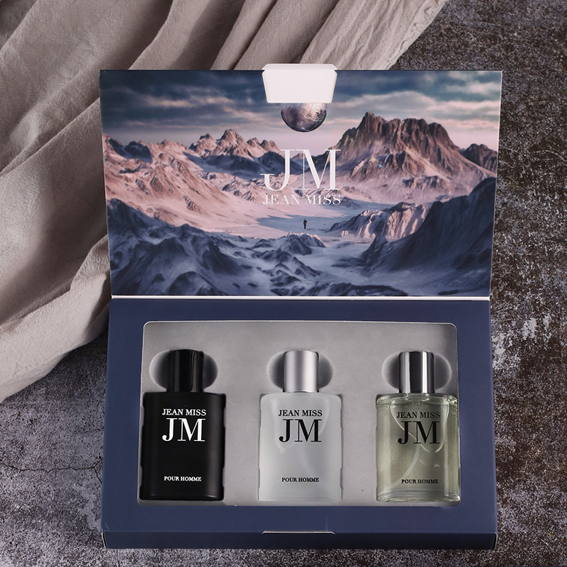 Perfume Fragrance Blue - 3-teiliges Herren-Eau-de-Toilette-Geschenkset, geprägtes quadratisches Flakon, holzig-wasseriger